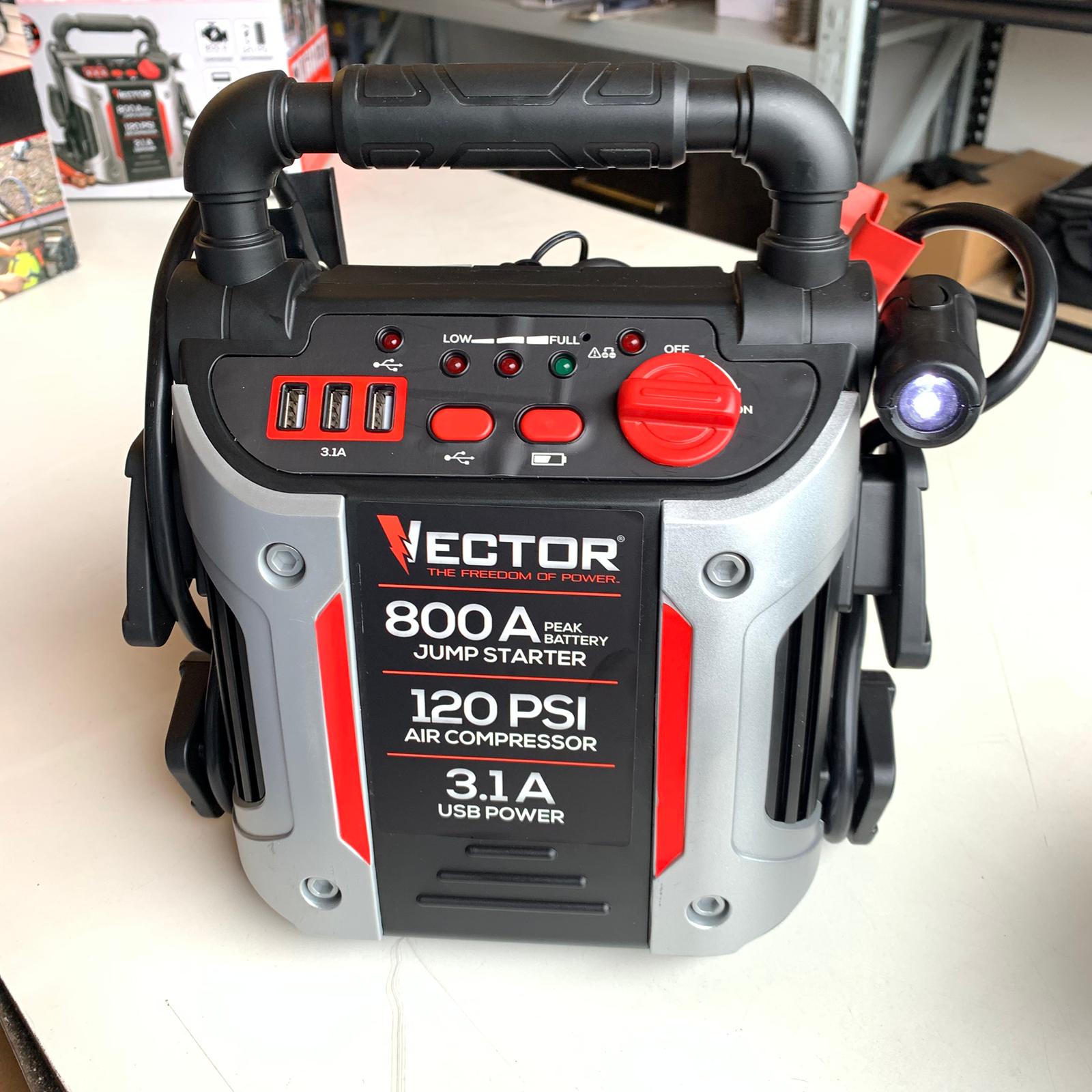 800 Peak Amp Automotive Jump Starter, Portable Power - Triple 15W USB Ports, 120 PSI Air Compressor (J7CV) 800 Peak Amp Automotive Jump Starter, Portable Power - Triple 15W USB Ports, 120 PSI Air Compressor (J7CV)